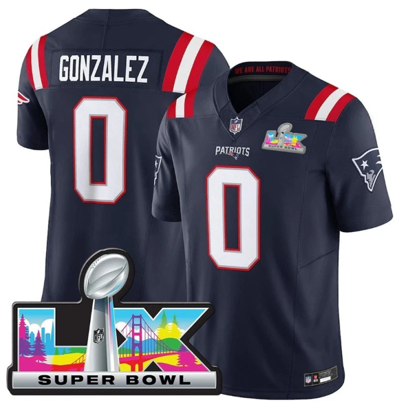 New England Patriots Christian Gonzalez Navy Super Bowl LX Patch Jersey