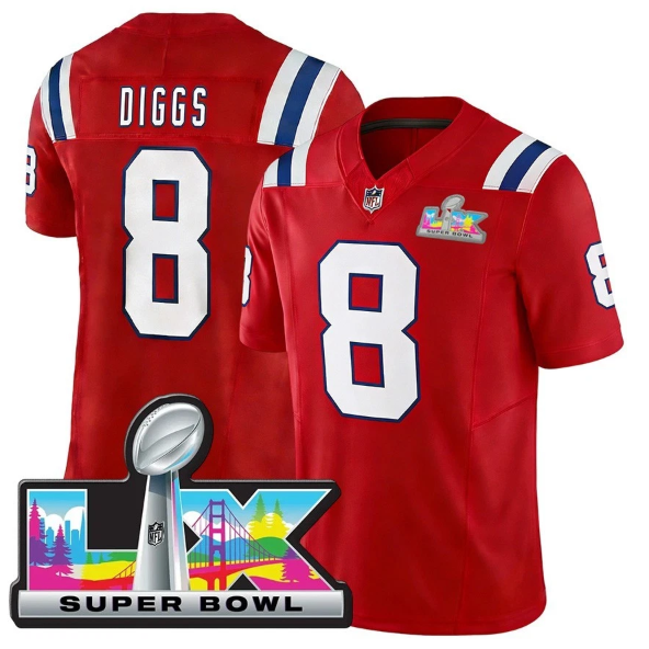 New England Patriots Stefon Diggs Red Super Bowl LX Patch Jersey
