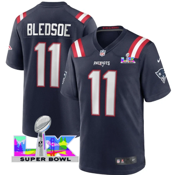 New England Patriots Drew Bledsoe Navy Super Bowl LX Patch Jersey