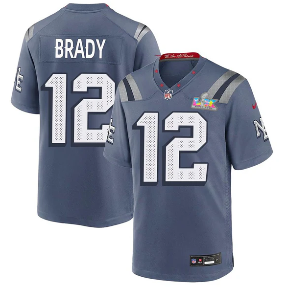 New England Patriots #12 Tom Brady Blue 2026 Super Bowl LX Patch Rivalries Collection Game Jersey