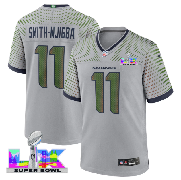 Seattle Seahawks Jaxon Smith Njigba Super Bowl LX Patch Grey Jersey