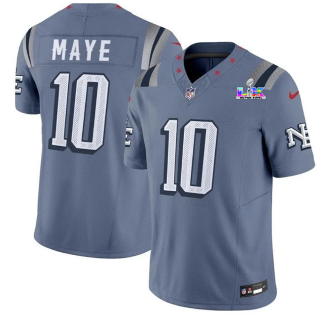 New England Patriots #10 Drake Maye Blue 2026 Super Bowl LX Patch Rivalries Collection Jersey