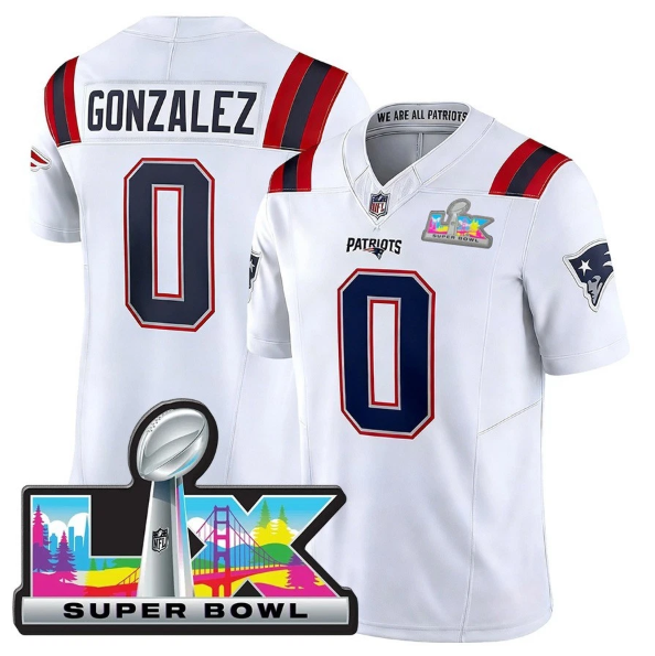 New England Patriots Christian Gonzalez White Super Bowl LX Patch Jersey