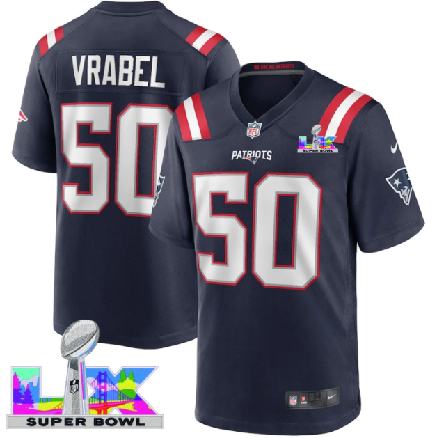New England Patriots Mike Vrabel Navy Super Bowl LX Patch Jersey