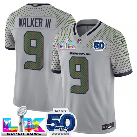 Seattle Seahawks Kenneth Walker III Grey Super Bowl LX Patch And 50th Season Patch Rivalries Vapor Jersey