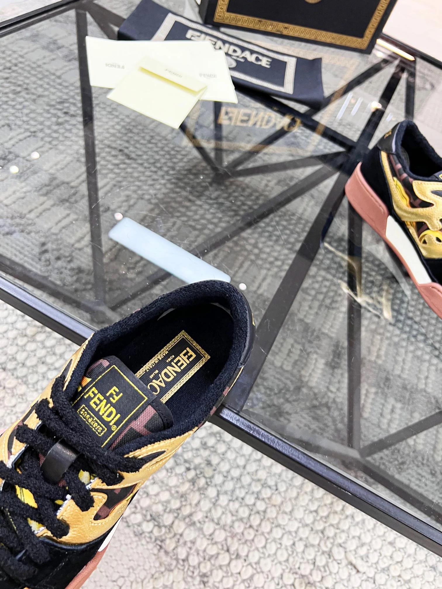 White Pink, Black Brown and Grey Brown Shoes