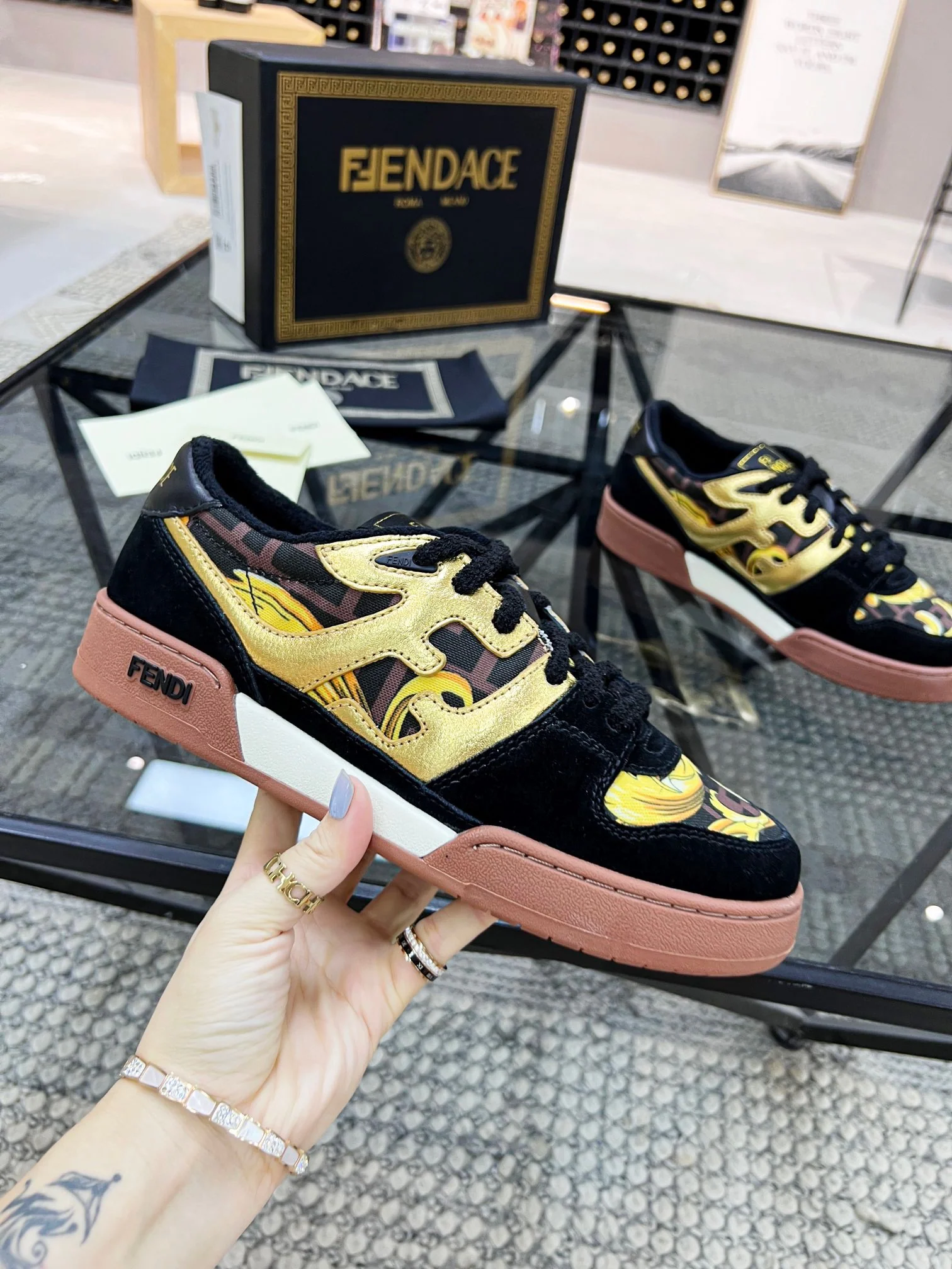 White Pink, Black Brown and Grey Brown Shoes