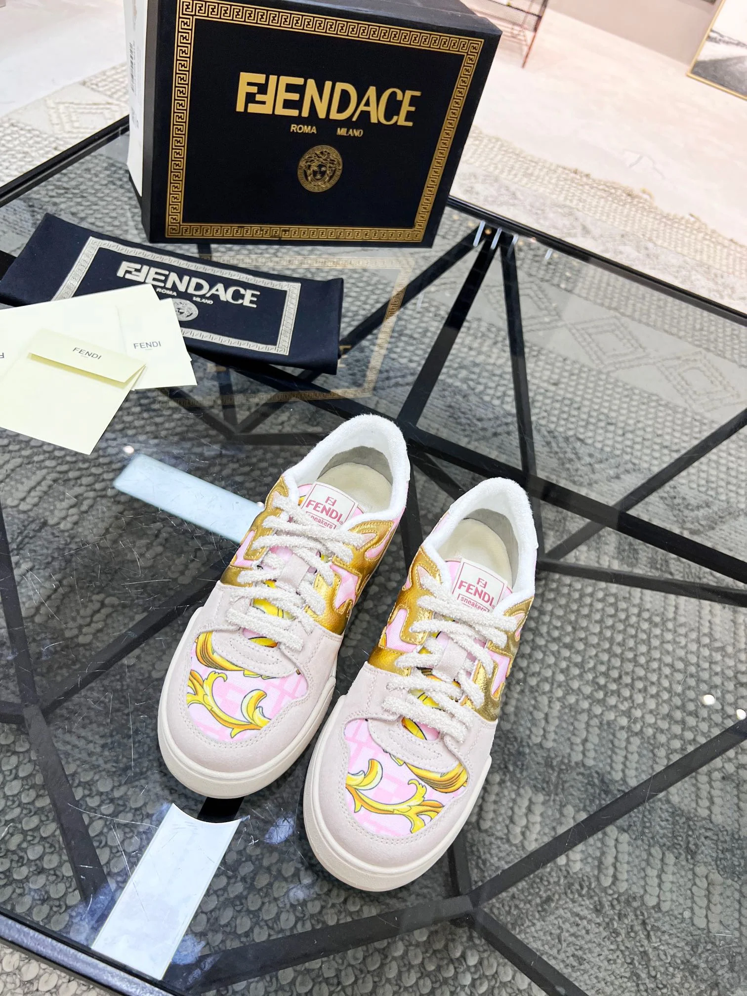 White Pink, Black Brown and Grey Brown Shoes