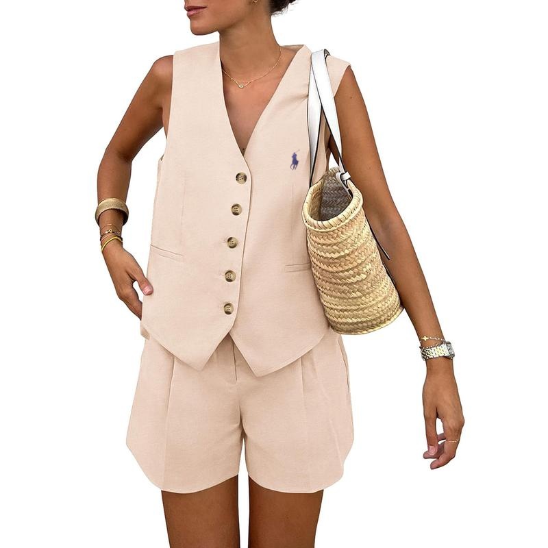 Ralph Lauren Women's Summerwear Sleeveless V Neck Button Down 2-Piece Outfit