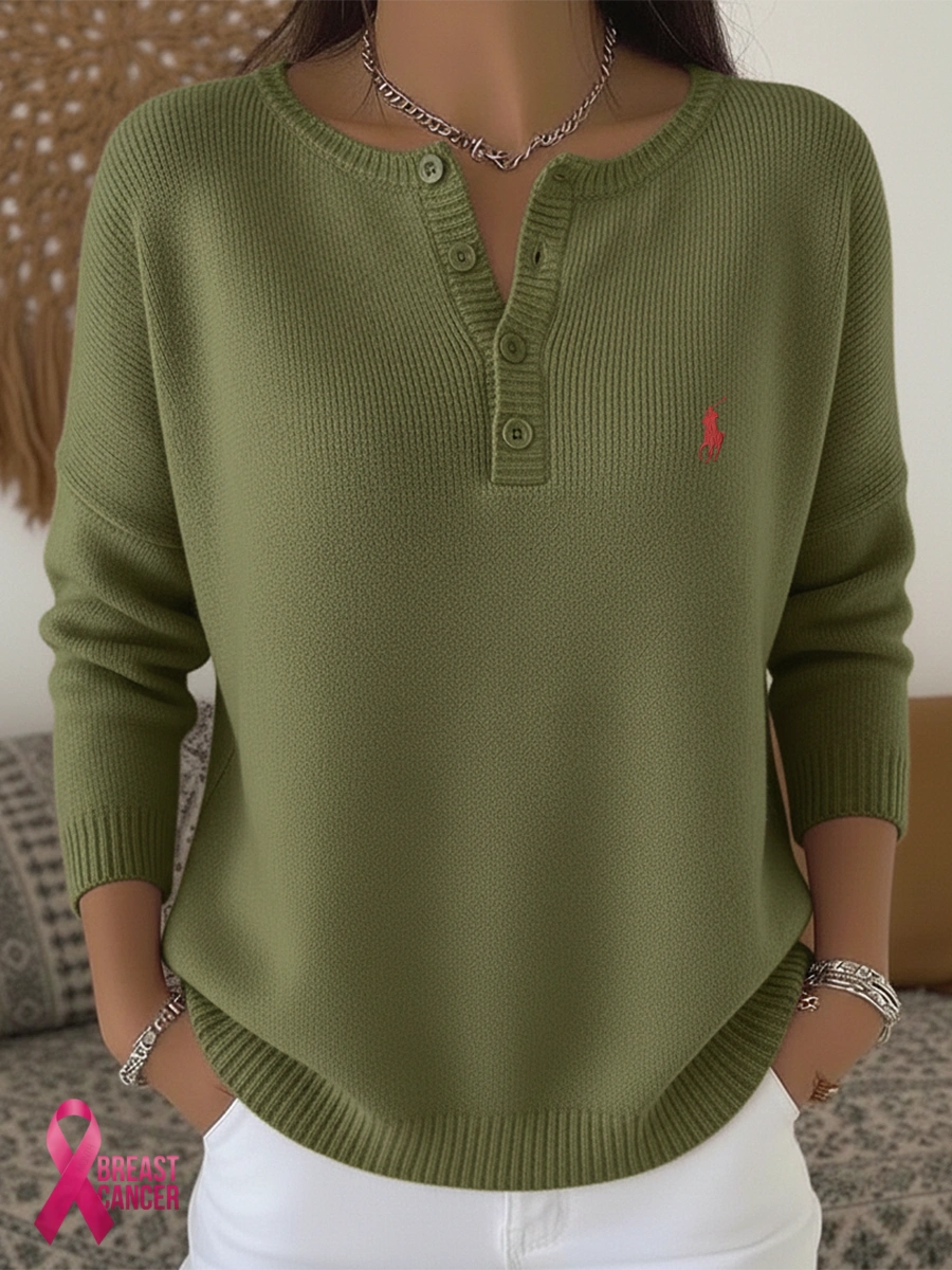 Ralph Lauren® Women's Soft Solid Color Henley Collar Sweater Top 🩷Cancer Awareness Month Sale🩷