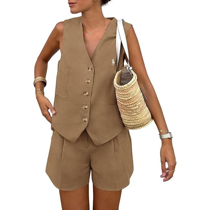 Ralph Lauren Women's Summerwear Sleeveless V Neck Button Down 2-Piece Outfit