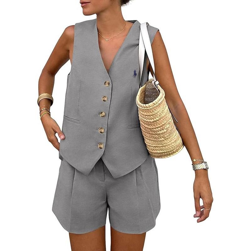 Ralph Lauren Women's Summerwear Sleeveless V Neck Button Down 2-Piece Outfit