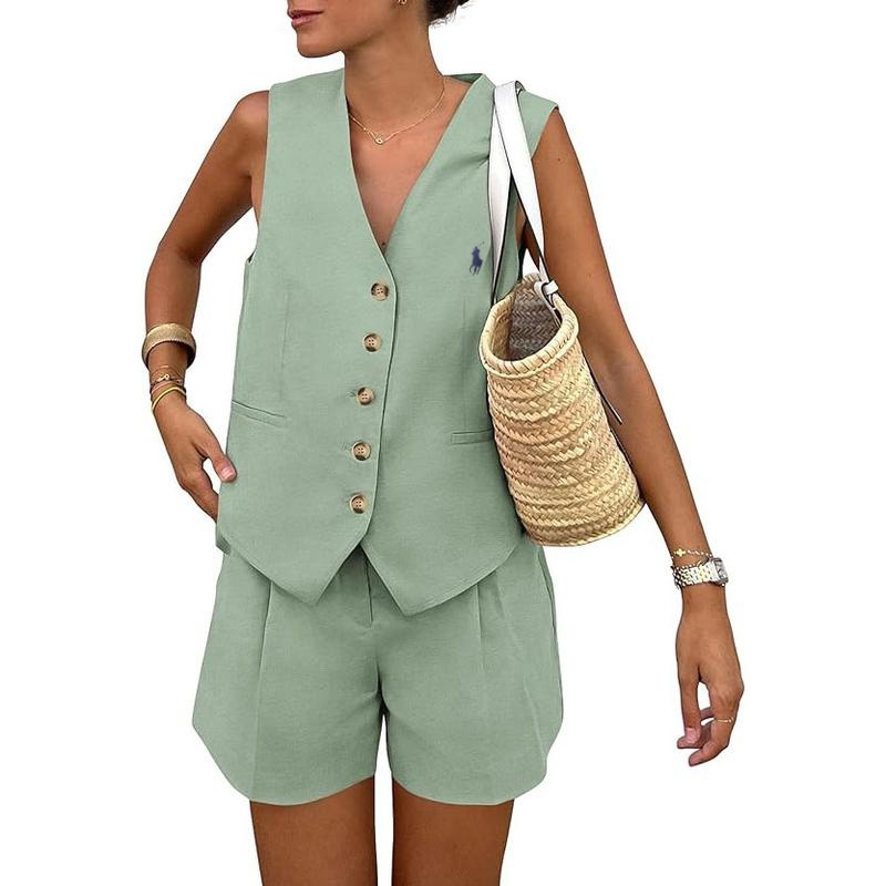 Ralph Lauren Women's Summerwear Sleeveless V Neck Button Down 2-Piece Outfit