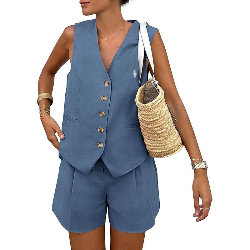 Ralph Lauren Women's Summerwear Sleeveless V Neck Button Down 2-Piece Outfit