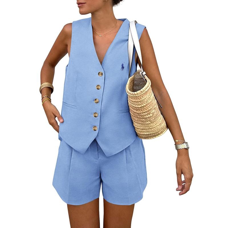 Ralph Lauren Women's Summerwear Sleeveless V Neck Button Down 2-Piece Outfit