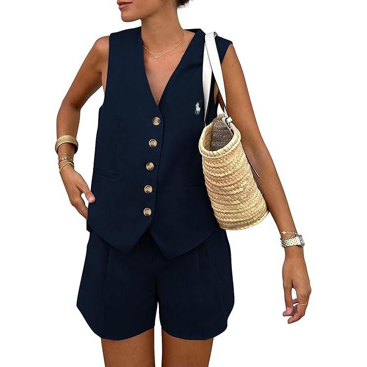 Ralph Lauren Women's Summerwear Sleeveless V Neck Button Down 2-Piece Outfit