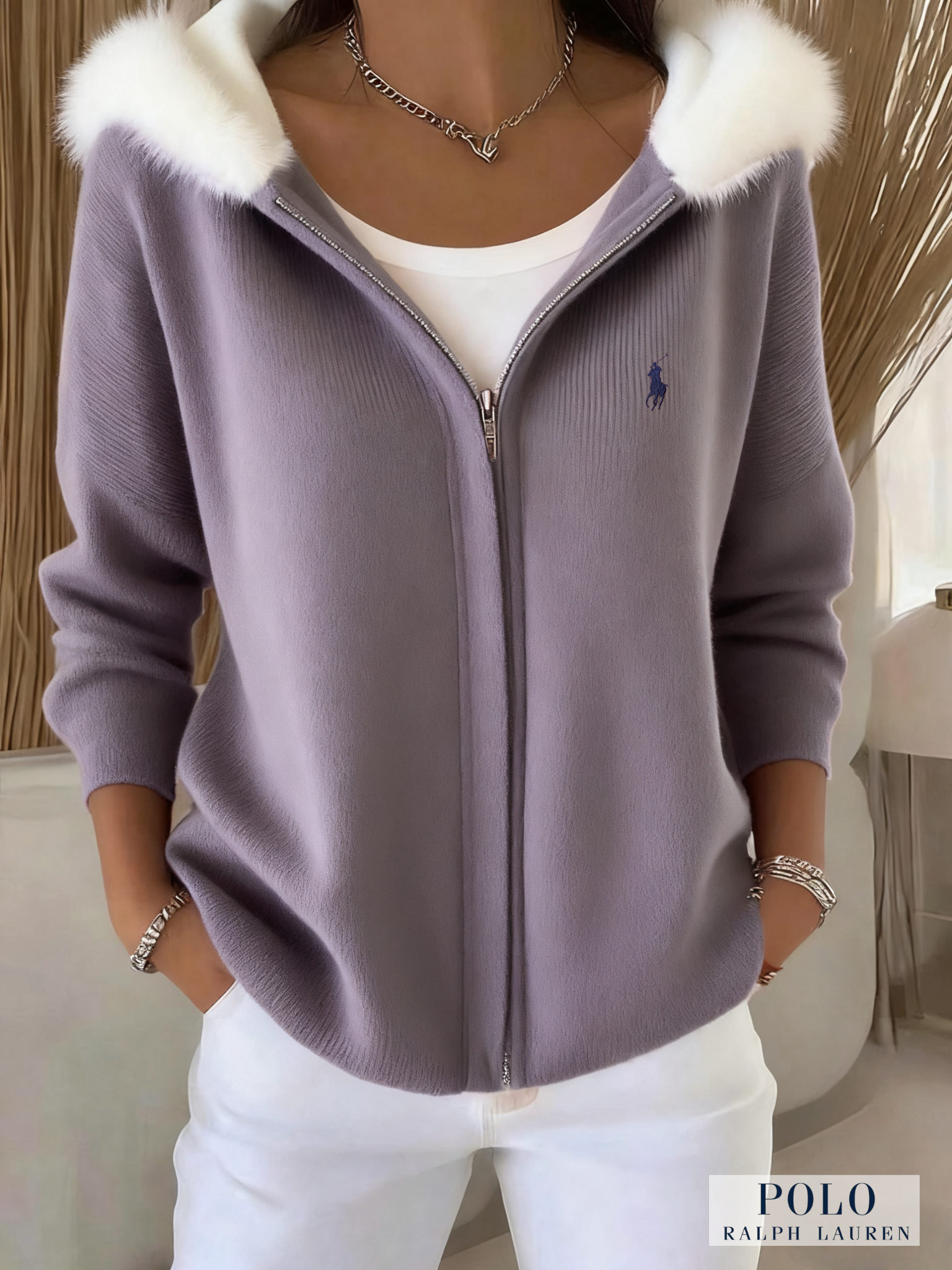 Ralph Lauren® Women's Zippered Casual Furry Hooded Sweatshirt  🩷Cancer Awareness Month Sale🩷