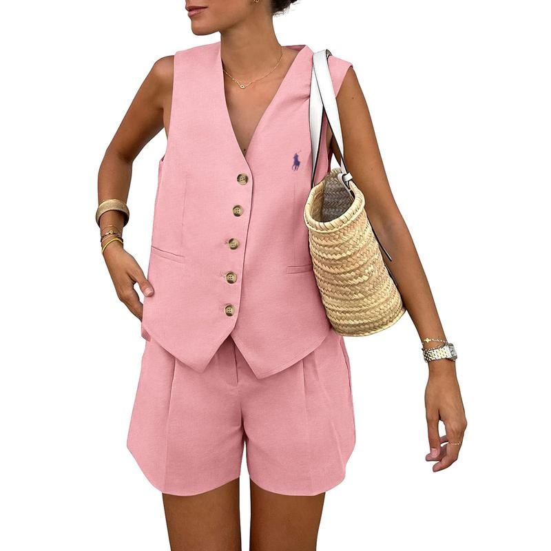 Ralph Lauren Women's Summerwear Sleeveless V Neck Button Down 2-Piece Outfit