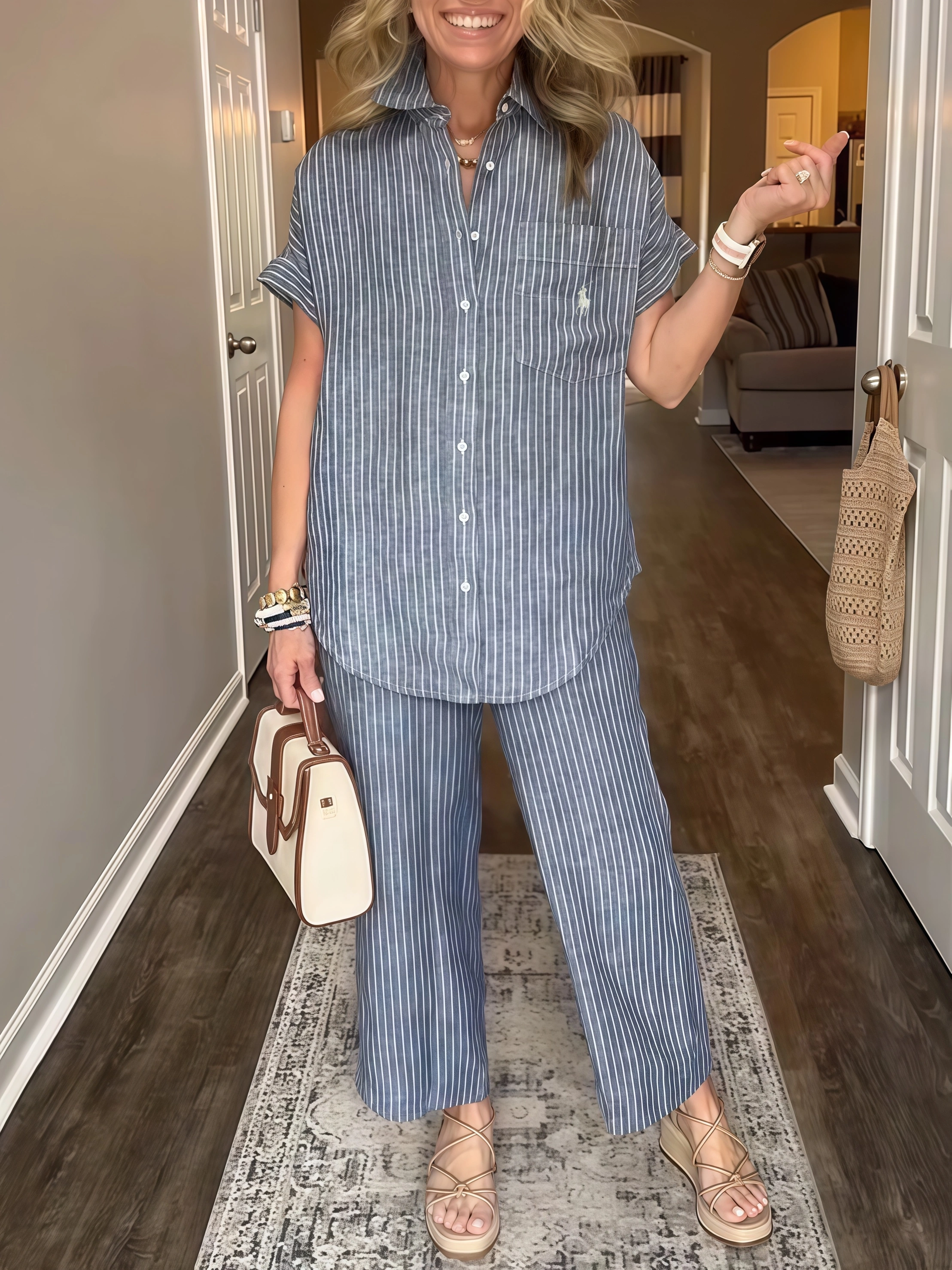 LIQUIDACIÓN🔥Conjunto de camisa clásica a rayas con bolsillo Ralph Lauren (Compra 2 con envío gratis)