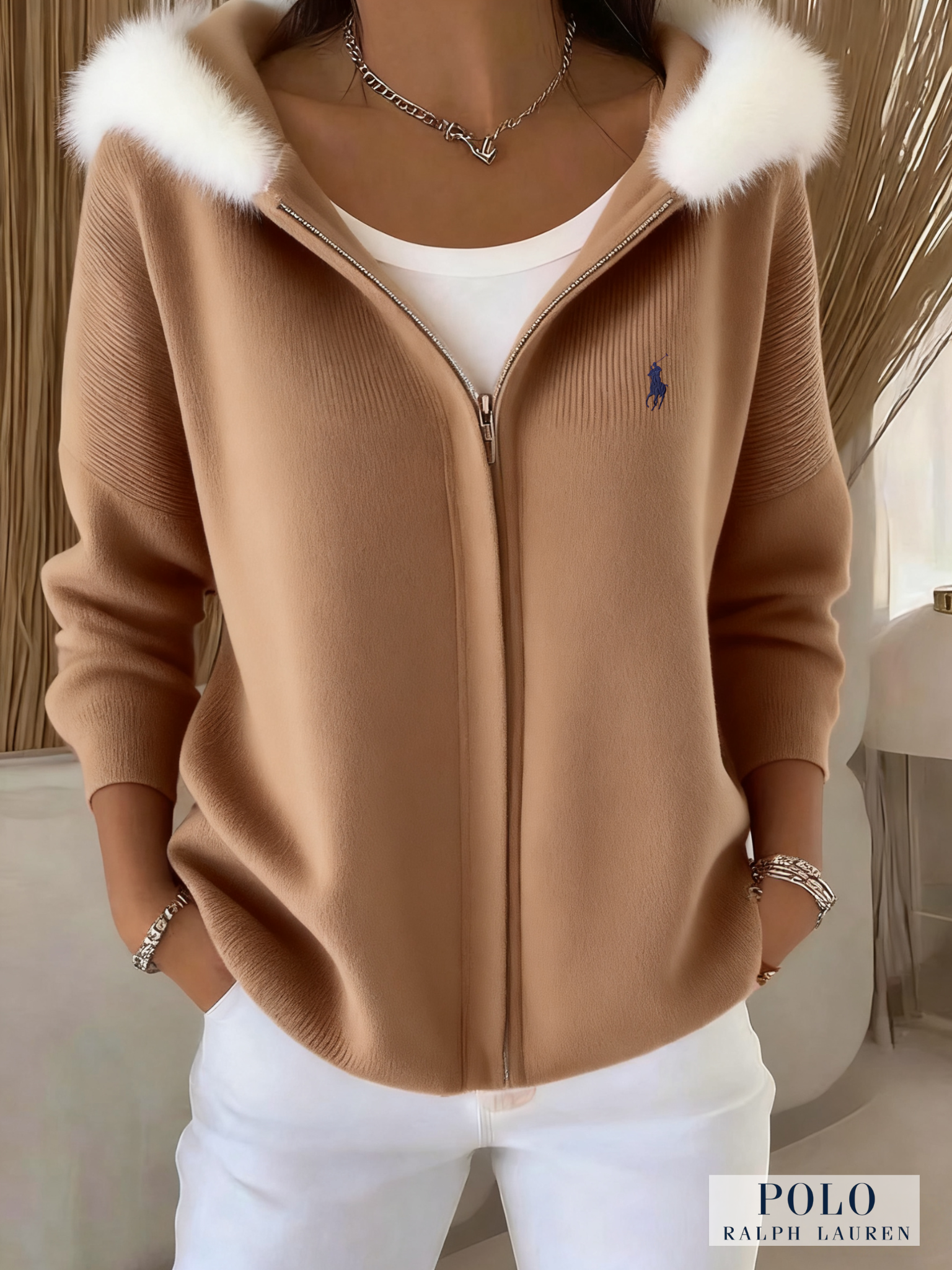 Ralph Lauren® Women's Zippered Casual Furry Hooded Sweatshirt  🩷Cancer Awareness Month Sale🩷
