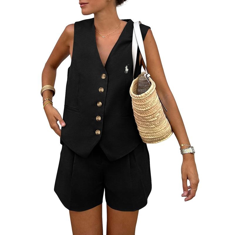 Ralph Lauren Women's Summerwear Sleeveless V Neck Button Down 2-Piece Outfit