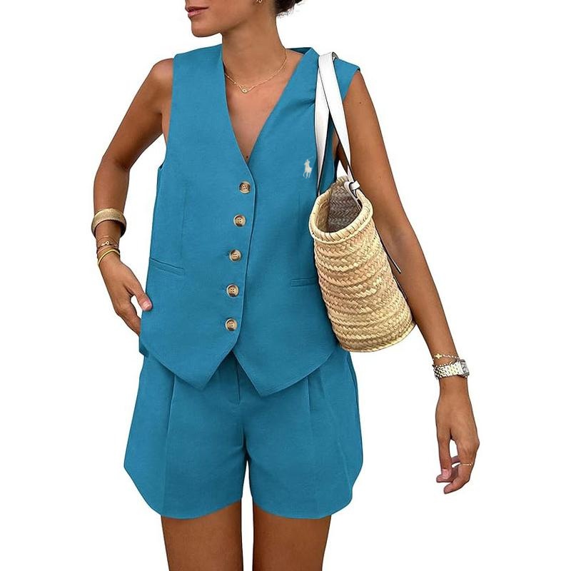 Ralph Lauren Women's Summerwear Sleeveless V Neck Button Down 2-Piece Outfit