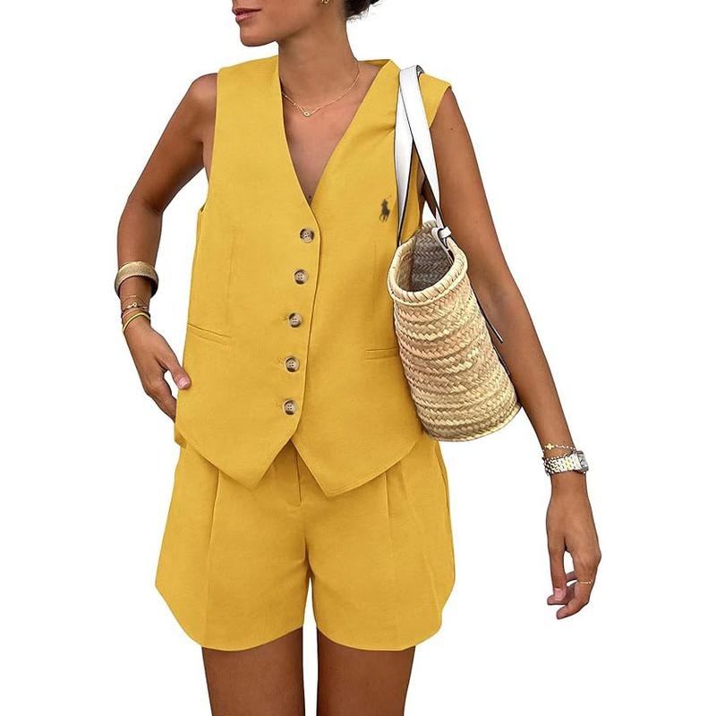 Ralph Lauren Women's Summerwear Sleeveless V Neck Button Down 2-Piece Outfit