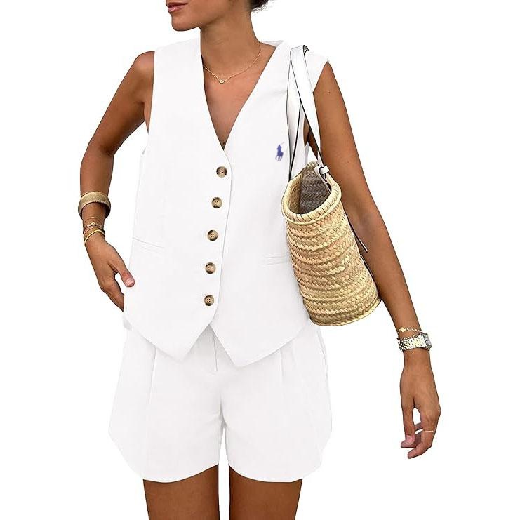 Ralph Lauren Women's Summerwear Sleeveless V Neck Button Down 2-Piece Outfit