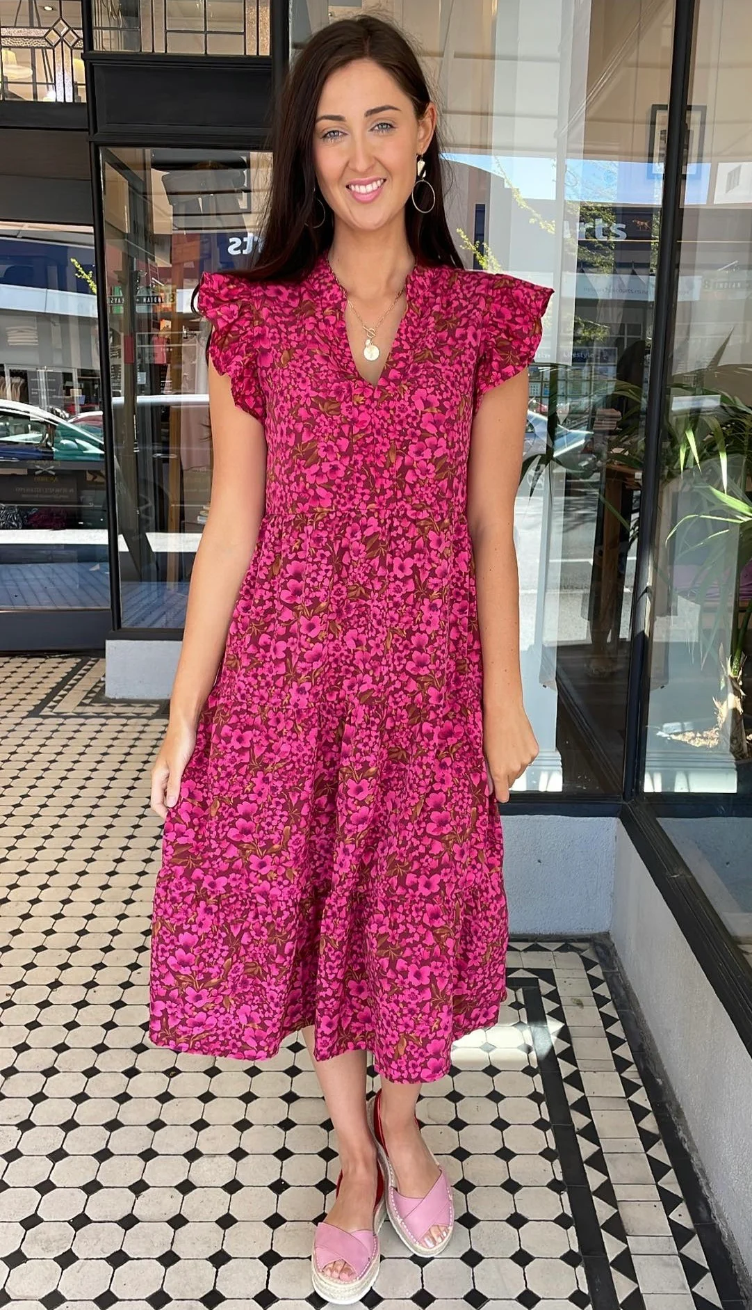 Jules V Neck Tiered Midi Dress Floral