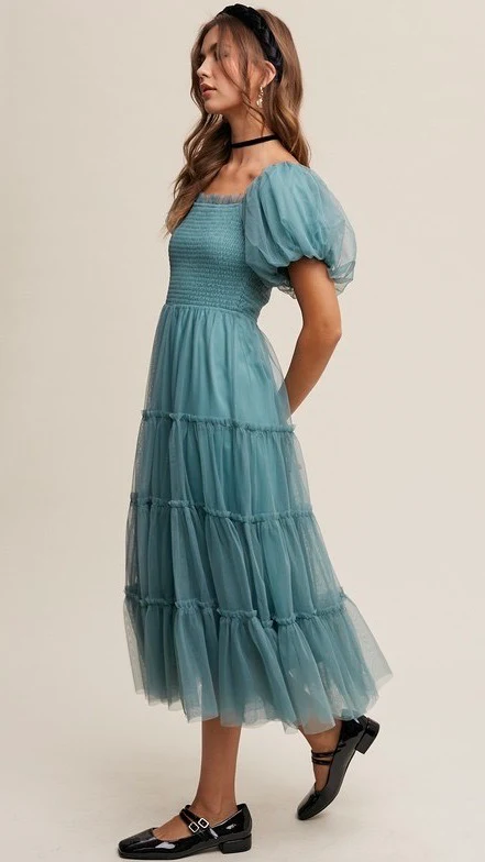 Penelope Tulle Puff Sleeve Dress Sage