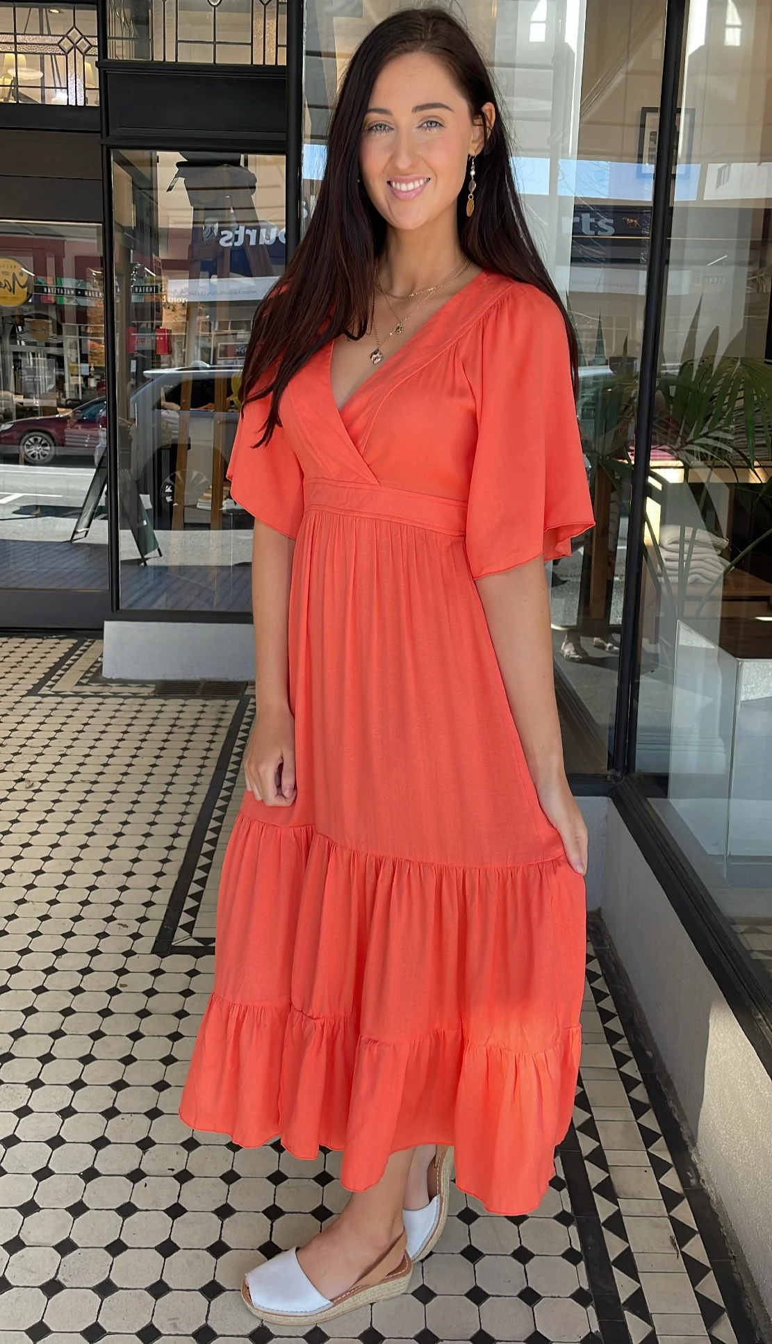 Tia V-Neck Tiered Midi Dress Tangerine