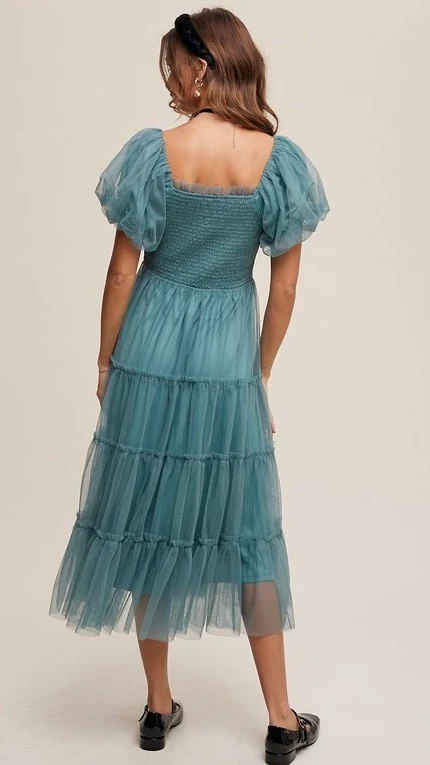 Penelope Tulle Puff Sleeve Dress Sage