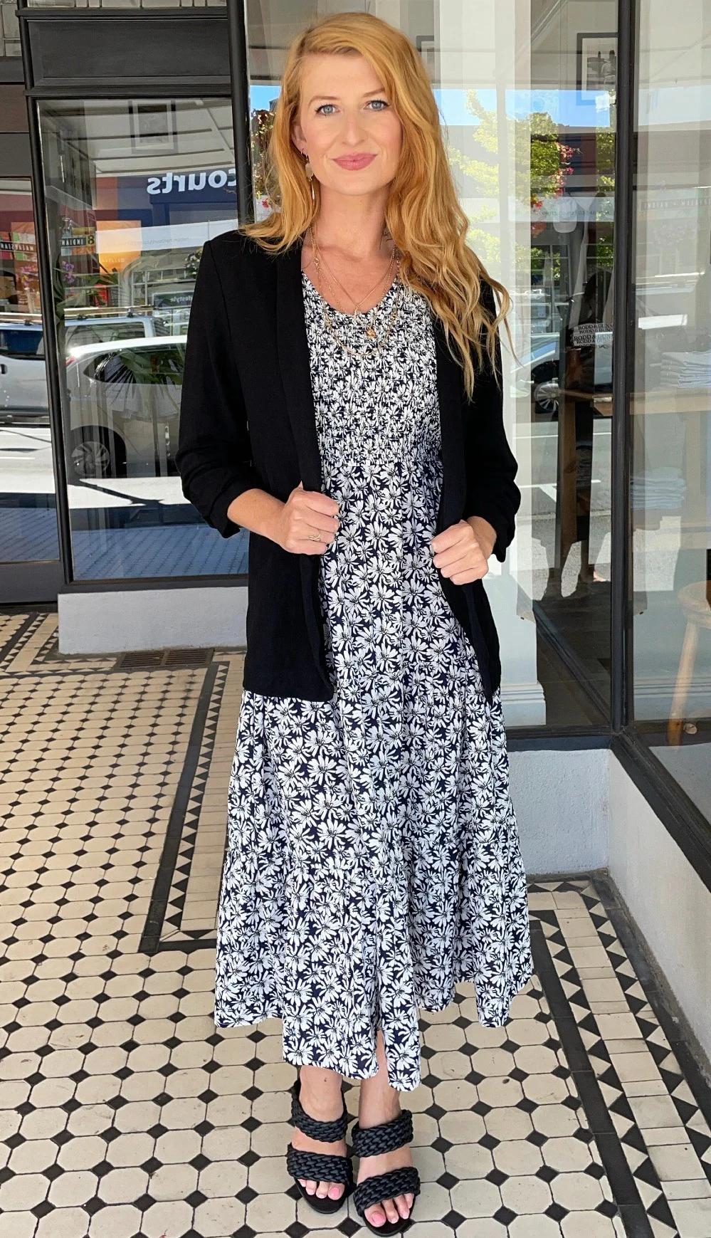 Sheila Smocked Bodice V-Neck Midi Dress Navy