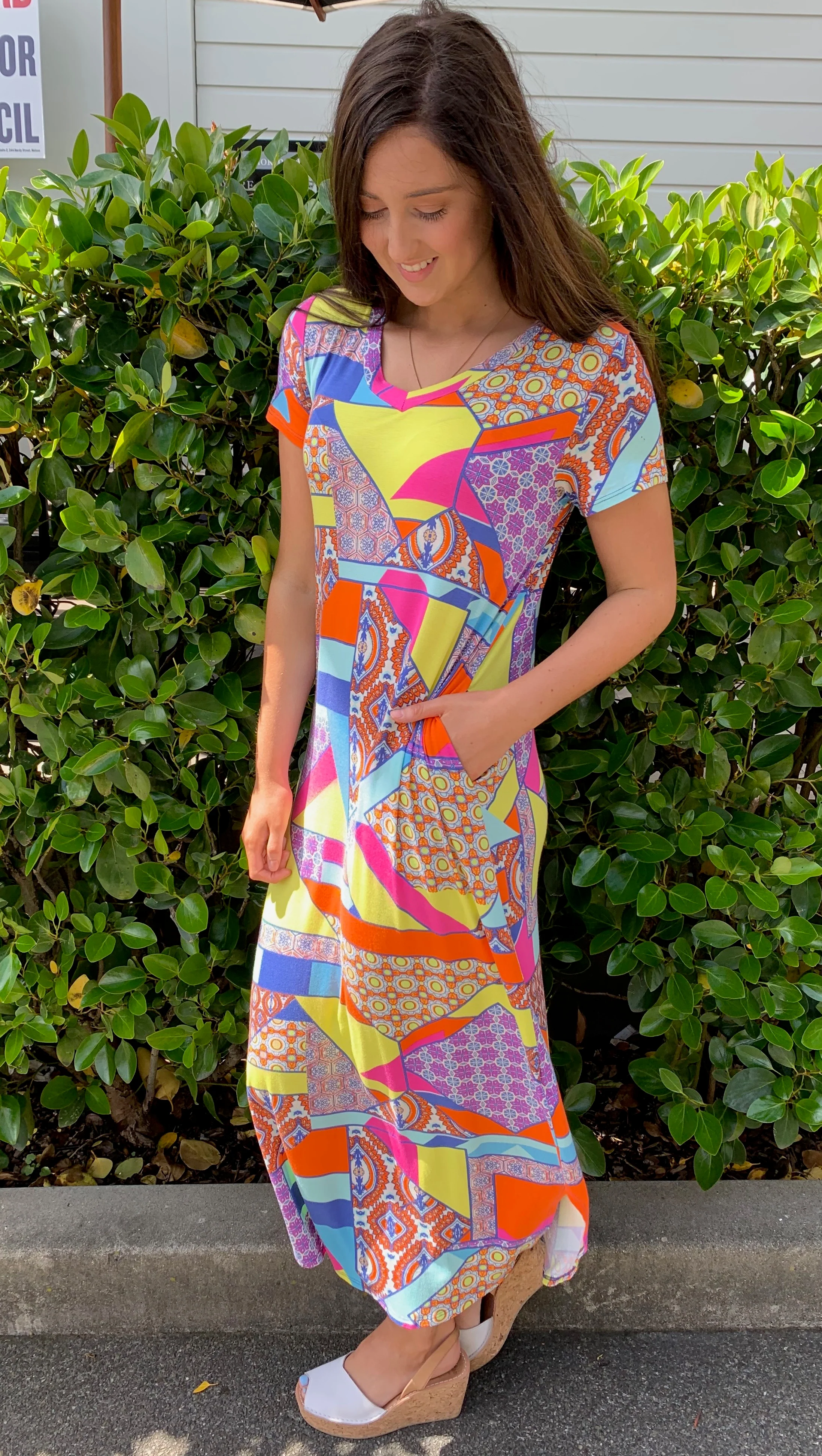 Geo V-Neck Maxi Dress Coral