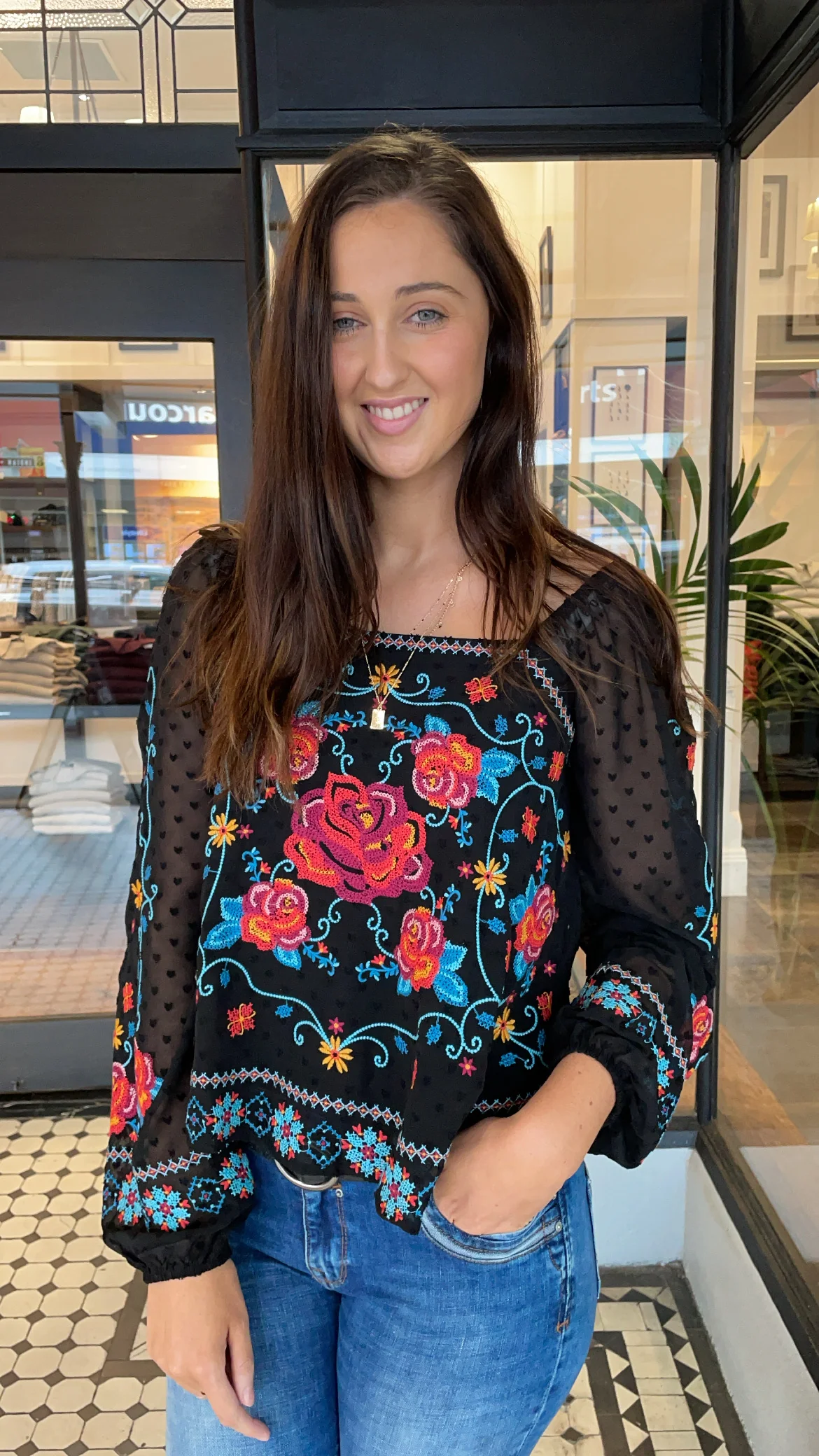 Natalia Embroidered Square Neck Top Black