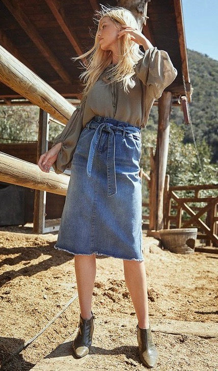 Demi Frayed Hem Denim Midi Skirt