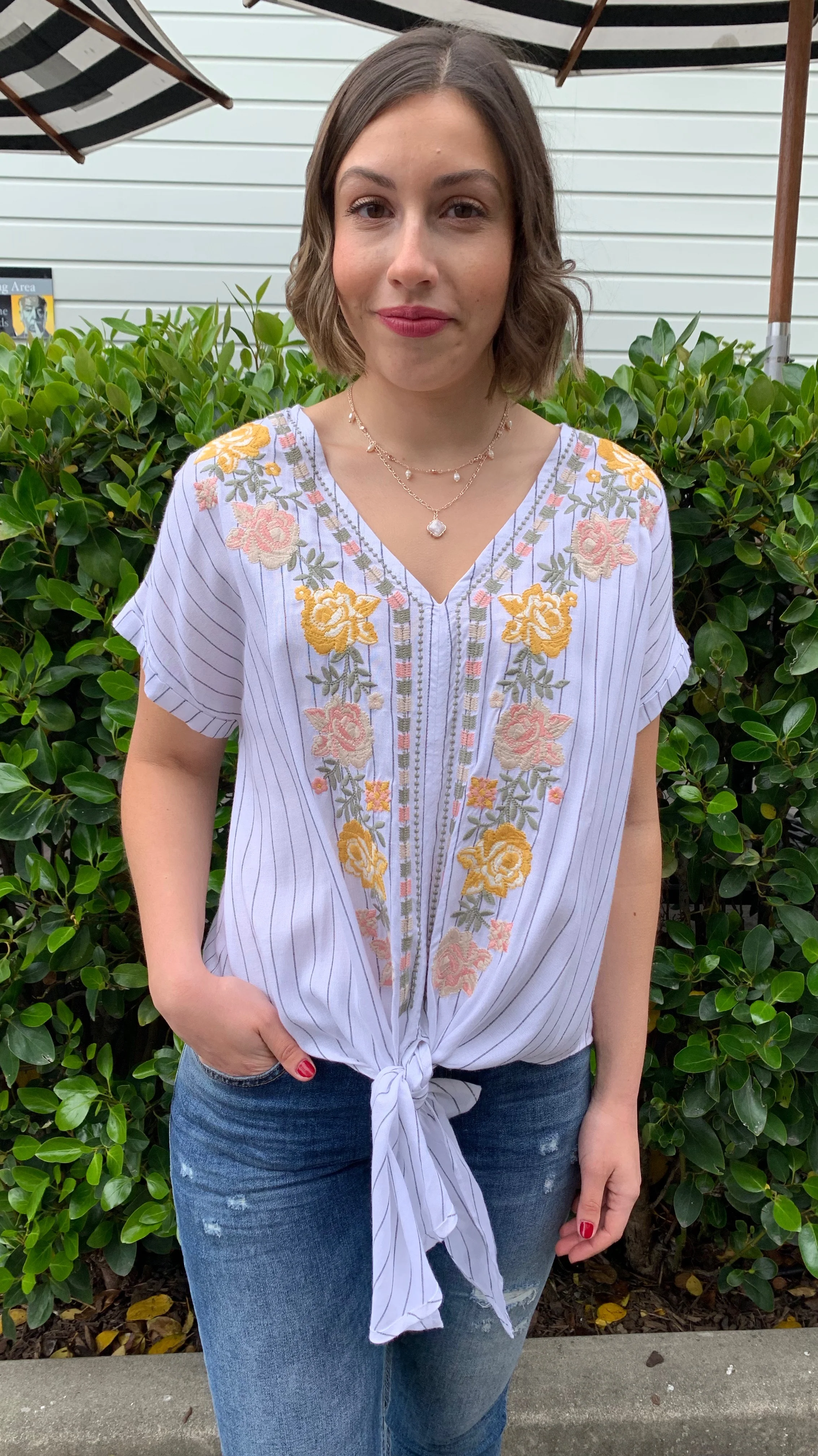 Lexi Embroidered Pinstripe Top Off White