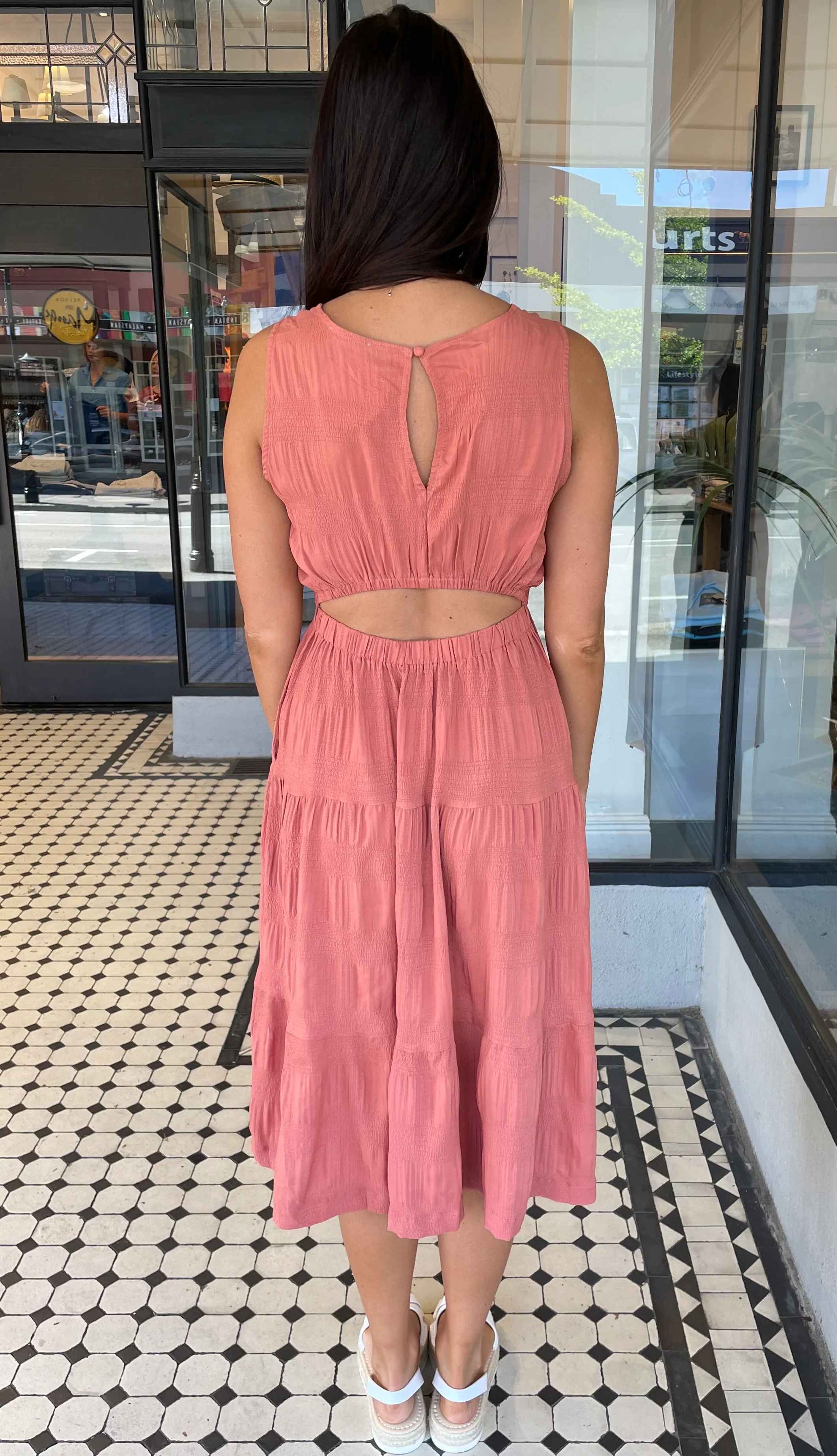 Kym Cutout Back Tiered Midi Dress Clay
