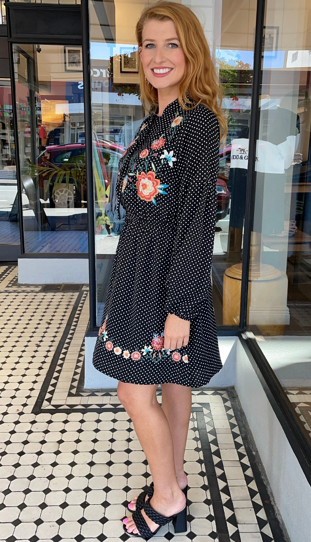 Polly Long Sleeve Embroidered Dress Black Dot