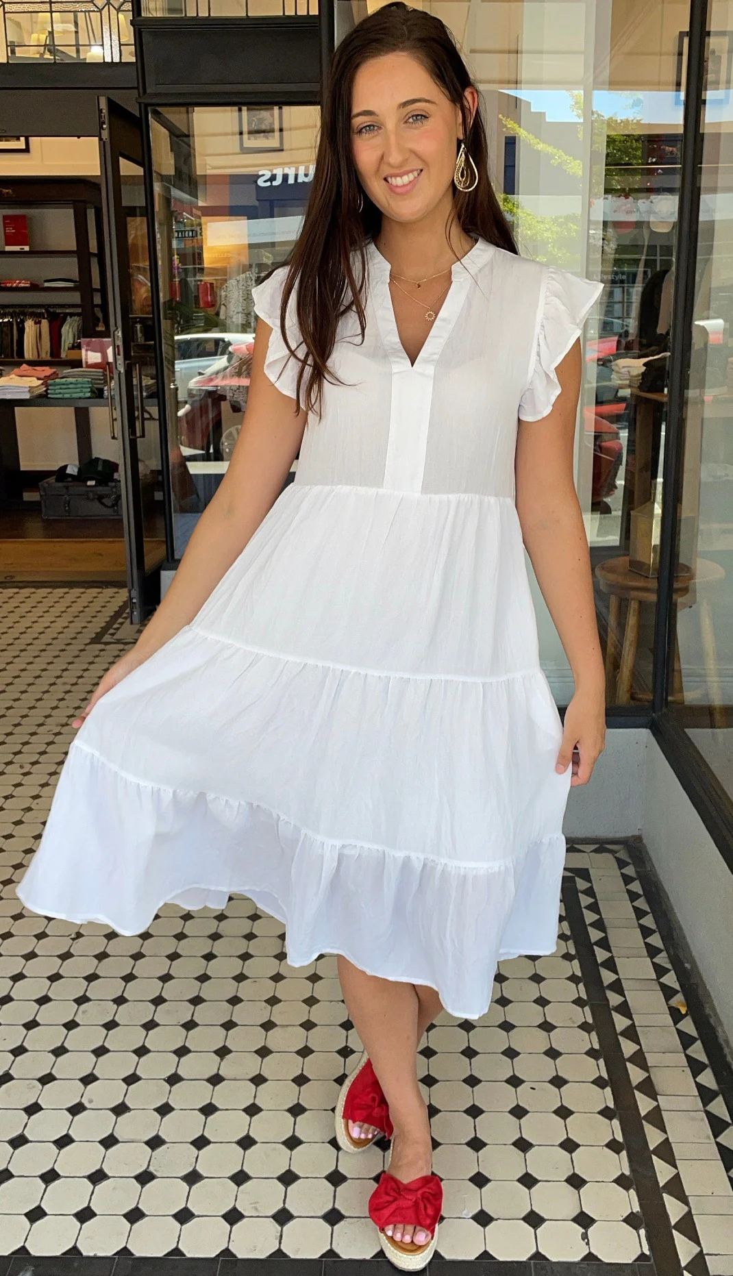 Jules V Neck Tiered Midi Dress Off White