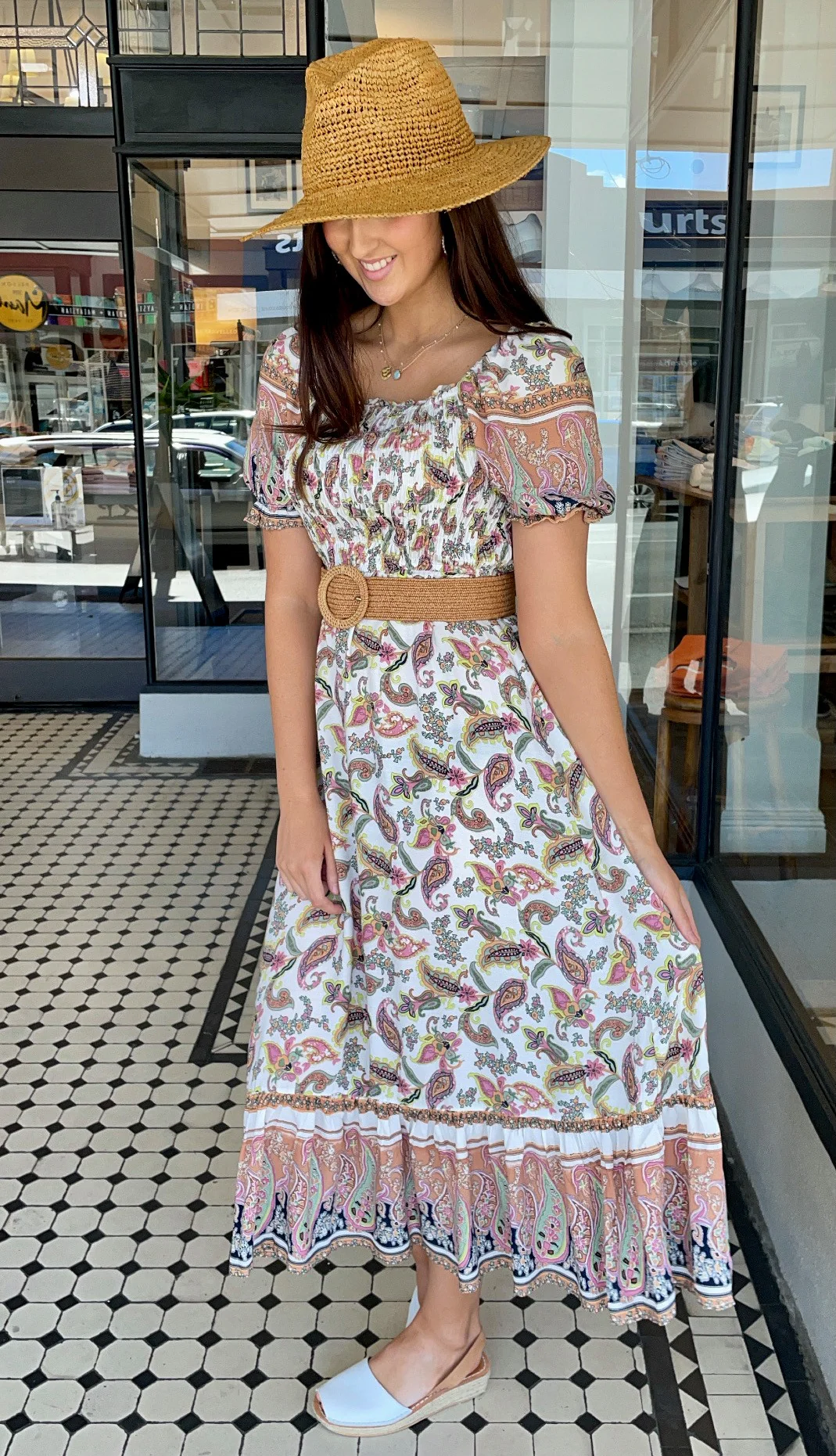 Paisley Smocked Bodice Dress Off White