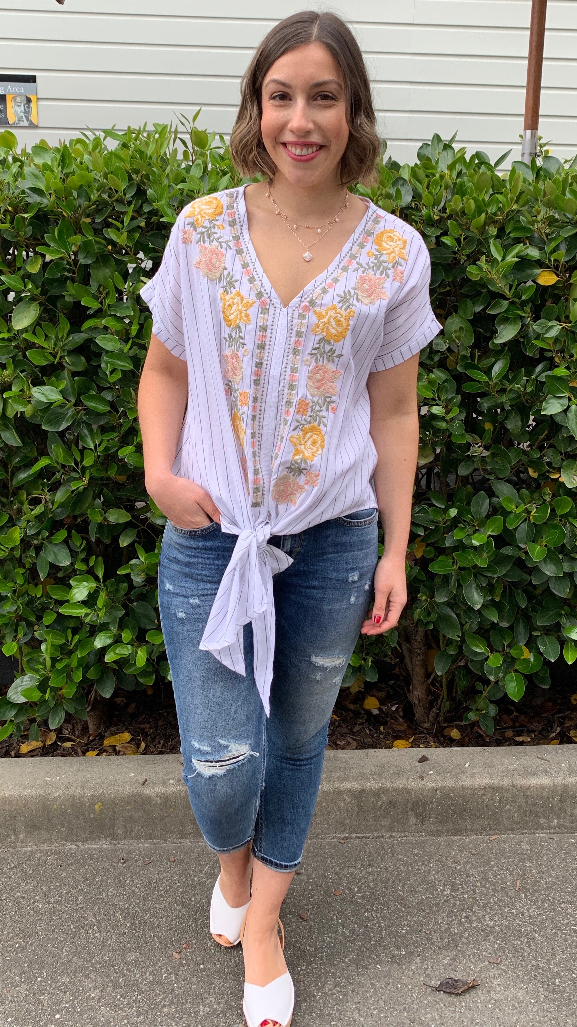 Lexi Embroidered Pinstripe Top Off White