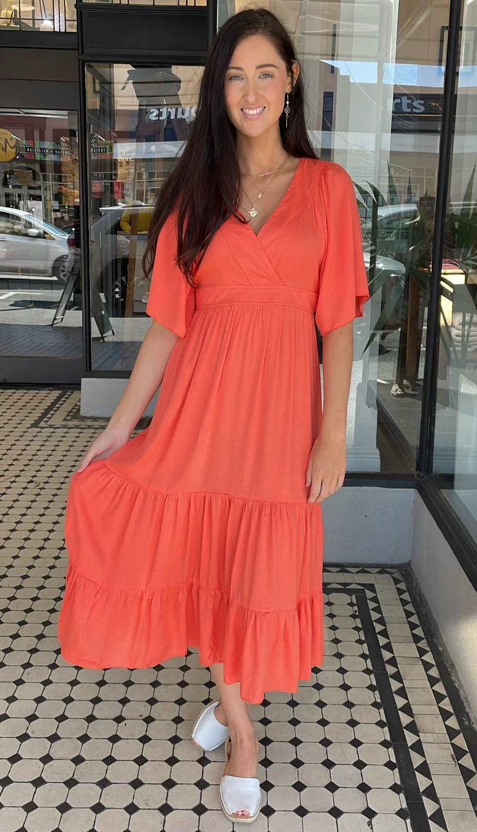 Tia V-Neck Tiered Midi Dress Tangerine