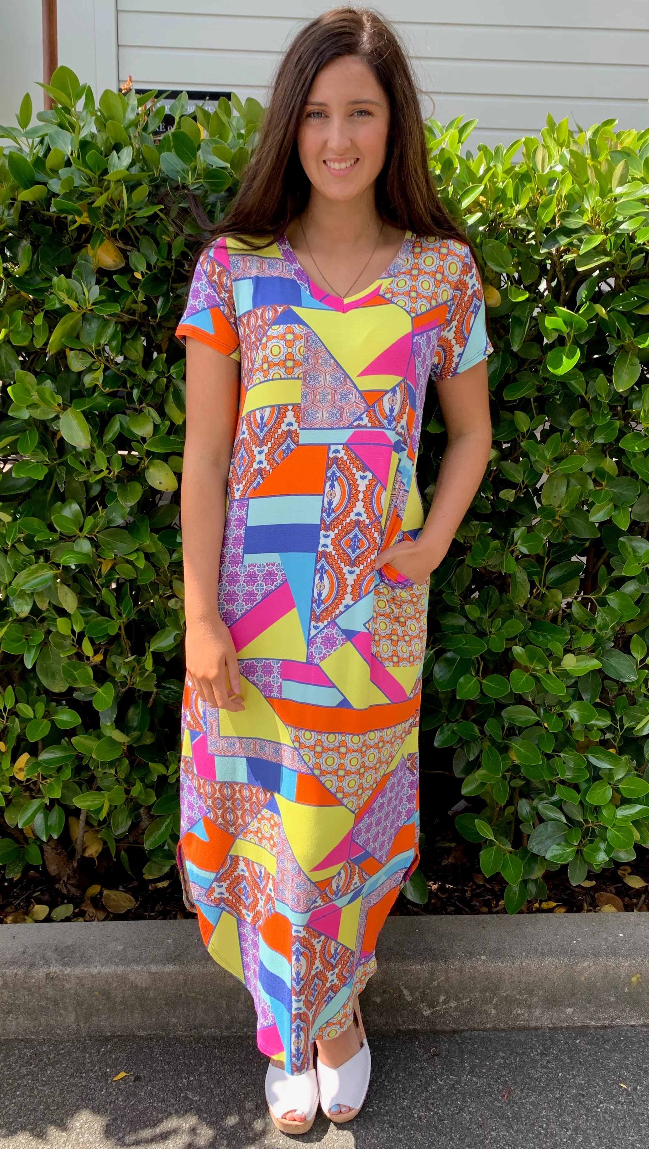 Geo V-Neck Maxi Dress Coral