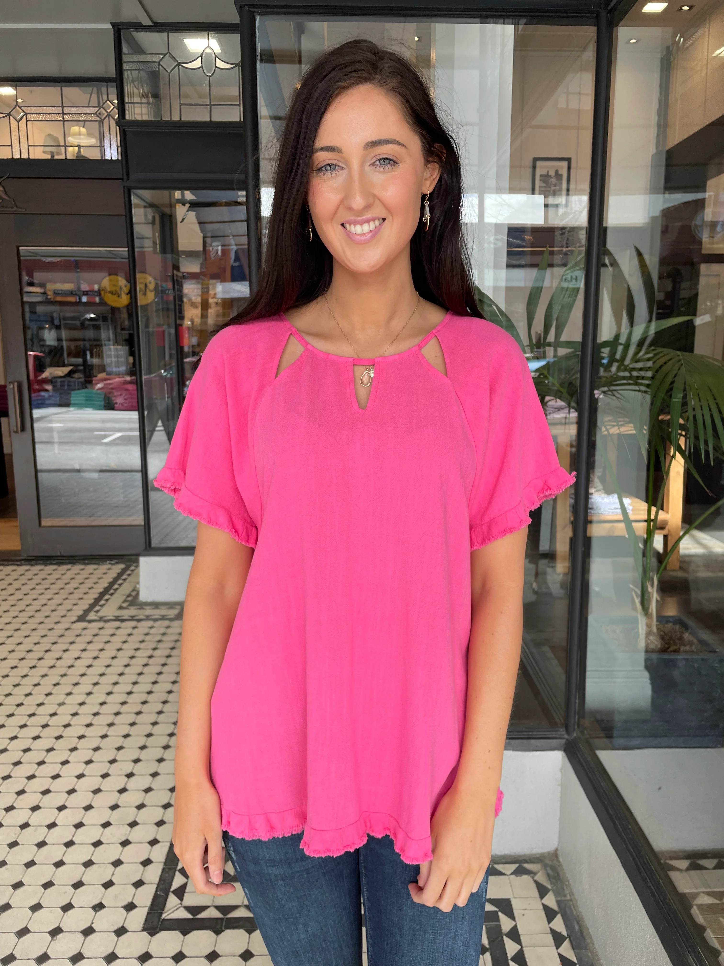 June Cut Out Neckline Linen Top Pink