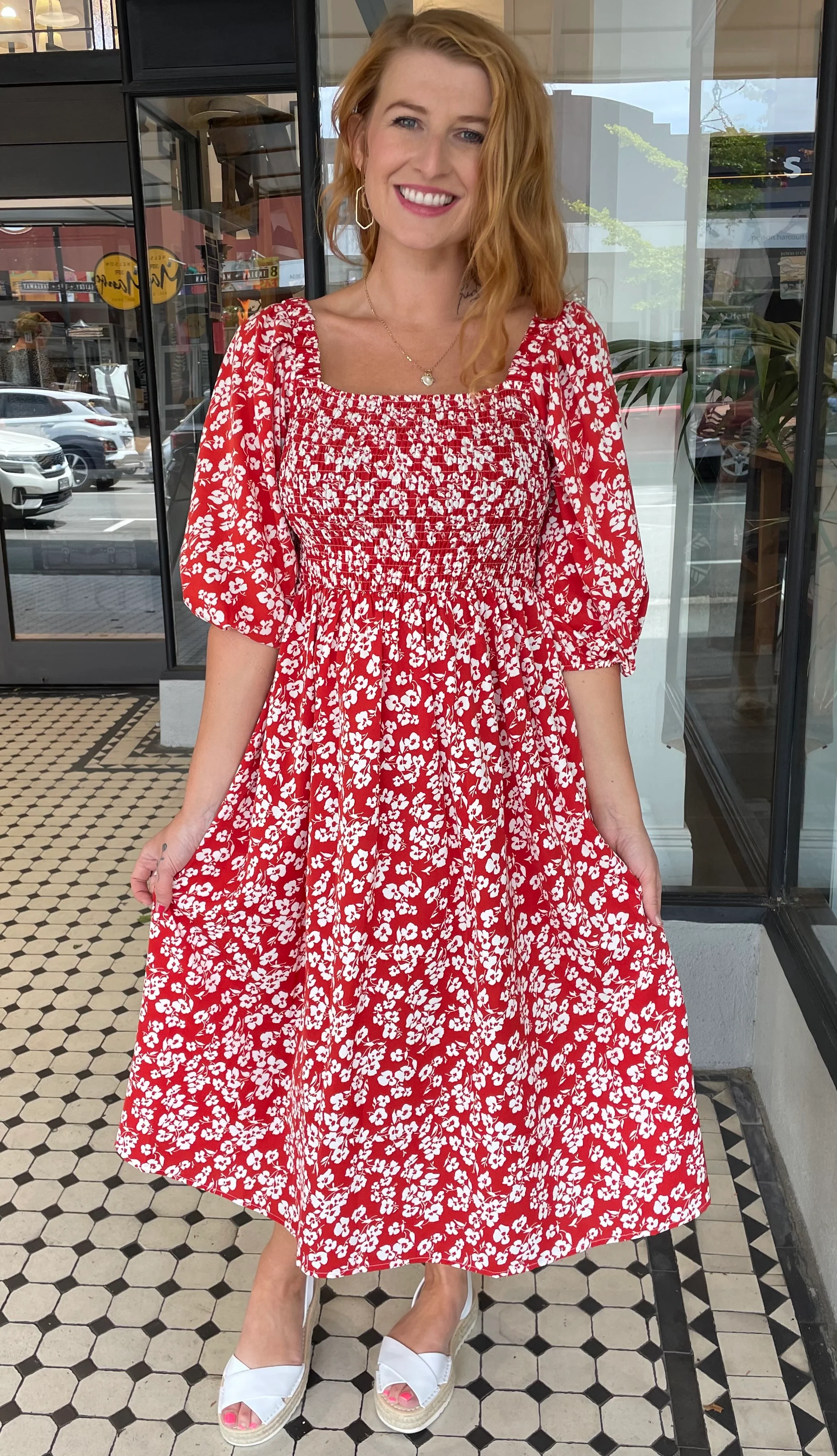 Tish Smocked Bodice Dress Red Orange