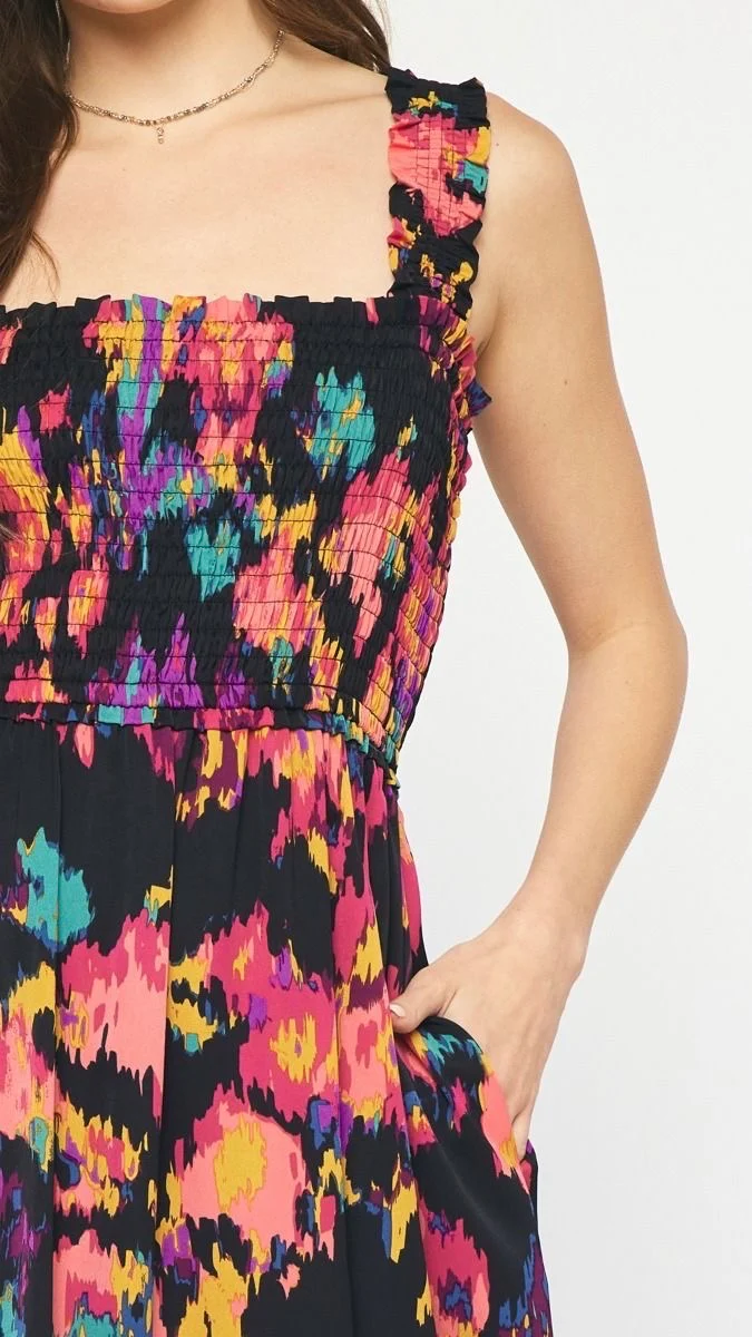 Parker Printed Smocked Midi Dress Black