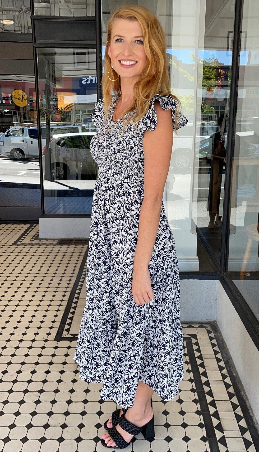 Sheila Smocked Bodice V-Neck Midi Dress Navy