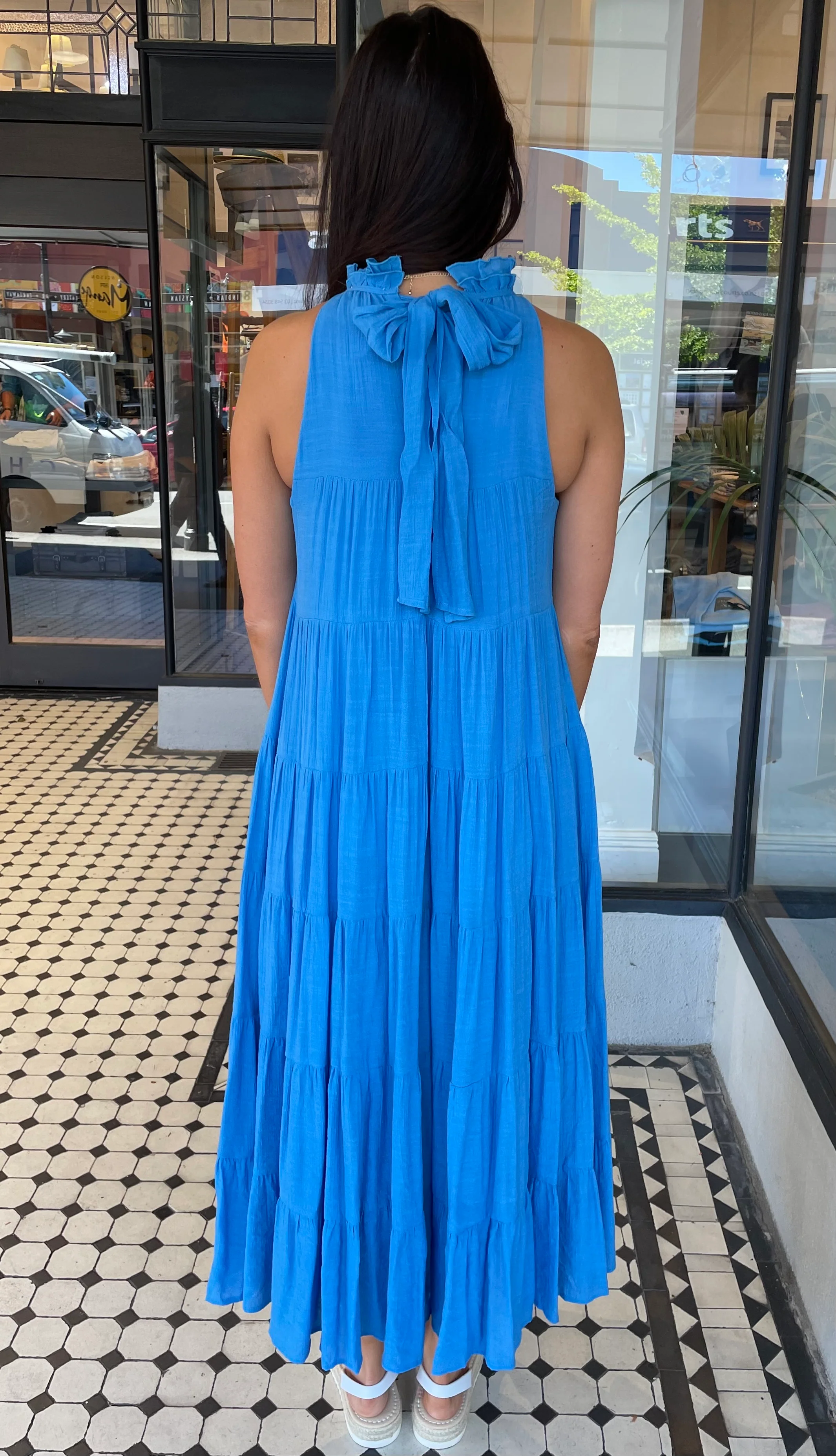 Juliette High Neck Tiered Maxi Dress Blue Aqua