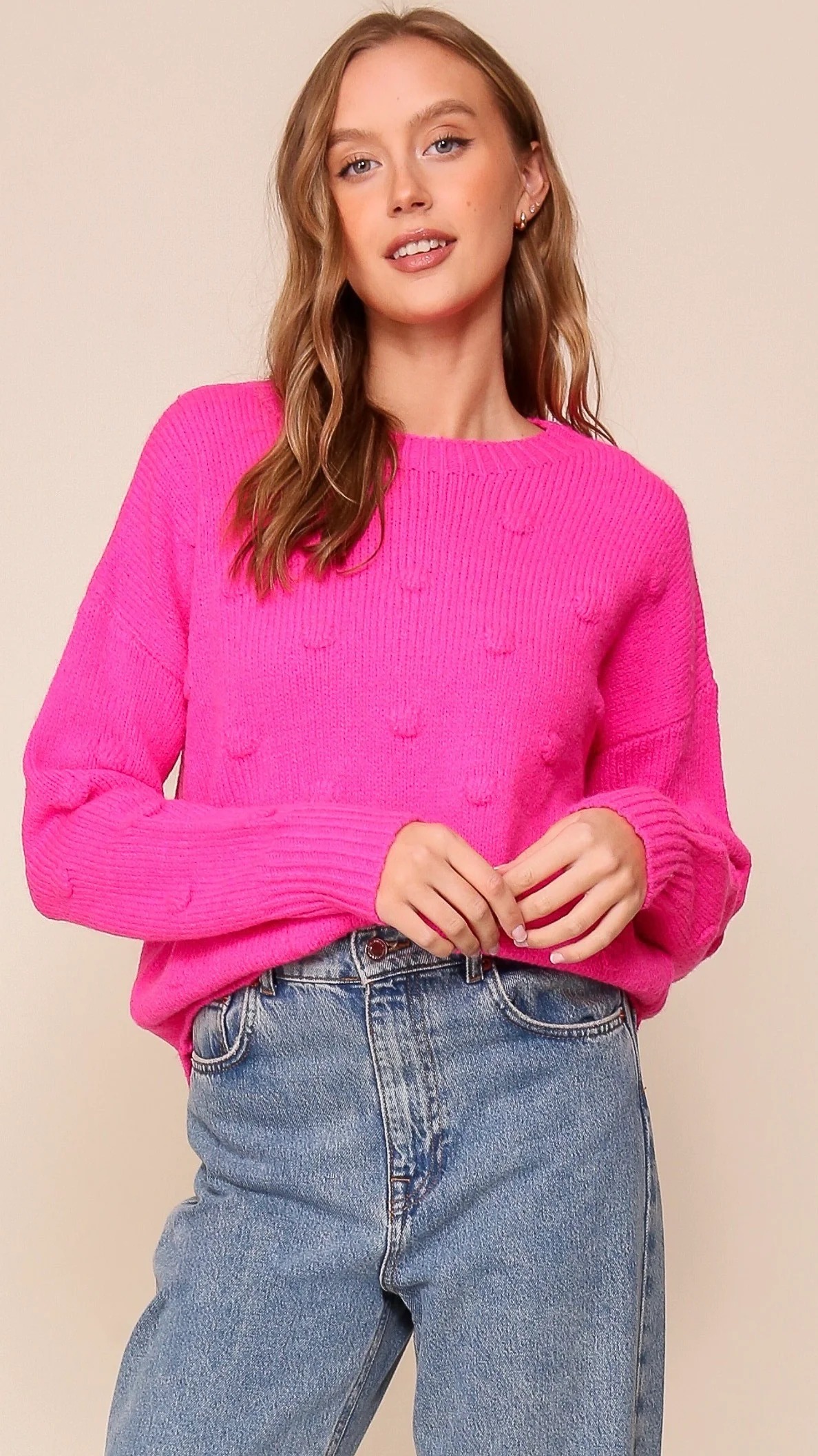 3D Dotty Knit Crew Hot Pink